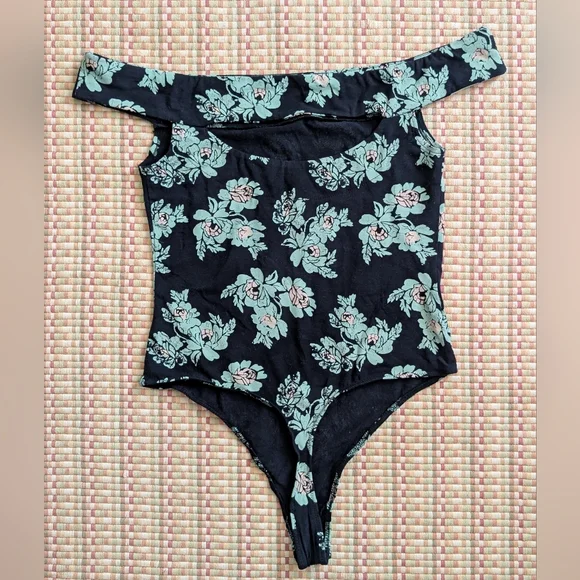Intimately Free People So Much Floral Black Teal Off Shoulder Bodysuit - Picture 3 of 12